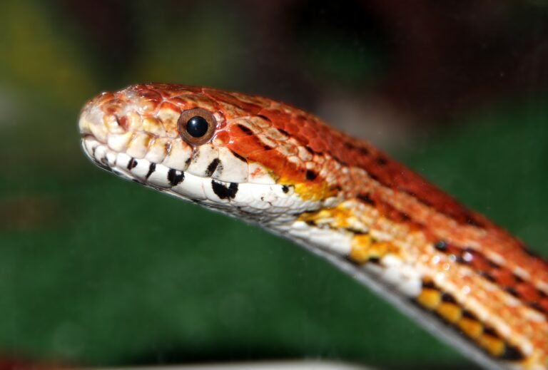 Serpiente de maíz de patrón normal, con manchas rojas bordeadas de negro sobre fondo naranja